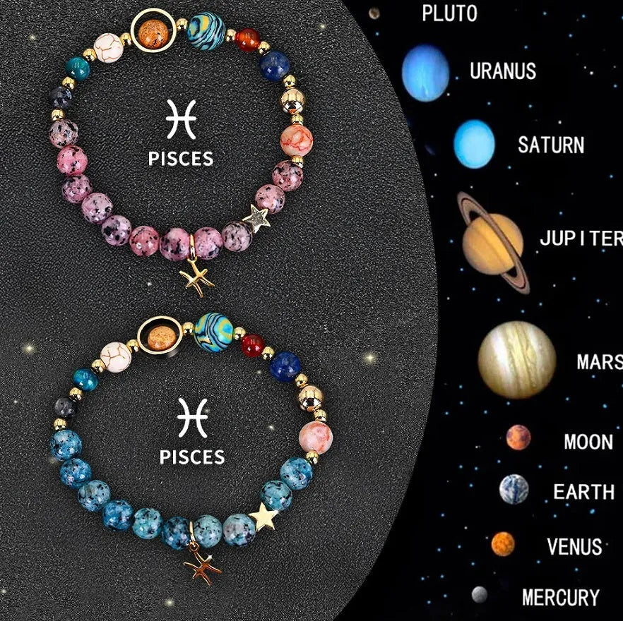 Natural stone zodiac beaded bracelet set showing two matching bracelets with astrology-themed design