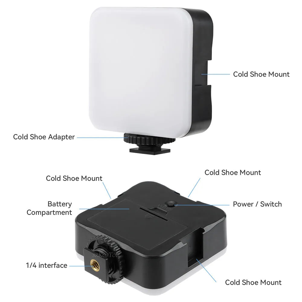 Universal LED mini square camera flash with rotatable head on a tripod stand.