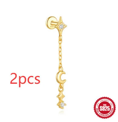 S925 sterling silver geometric star-shaped earrings with an embedded moon diamond, shown in a gold colour finish.