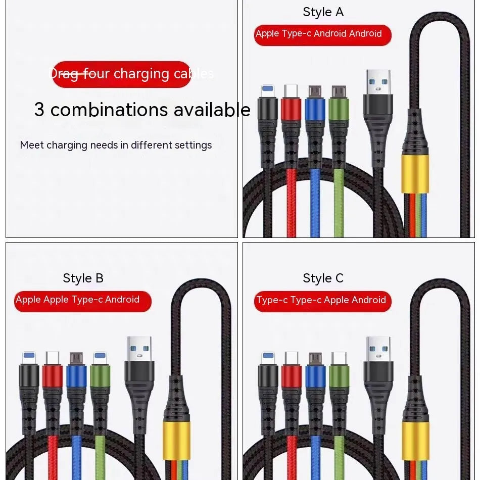 Four-in-one mobile phone charging cable with Android Apple TYPE-C connectors in 1.2 metre length