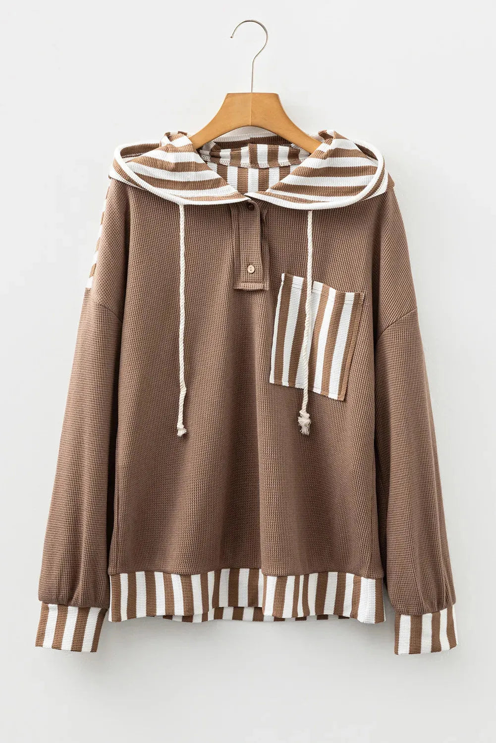 Straw yellow women's hoodie with waffle texture, striped patchwork, button neck and drawstring hood