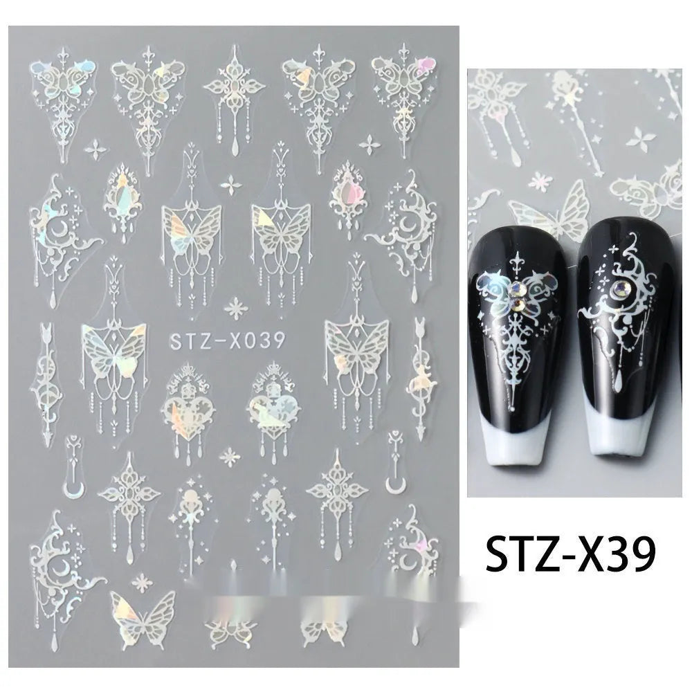 Pack of black and silver striped nail art stickers with cartoon and love pattern designs.