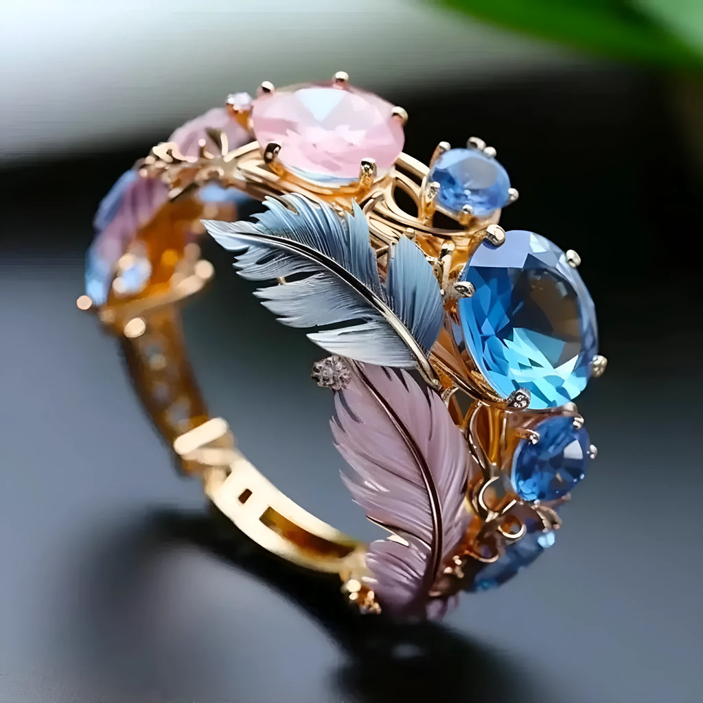 Gold colour brass feather ring with geometric design and zircon inlay, shown in embossed texture