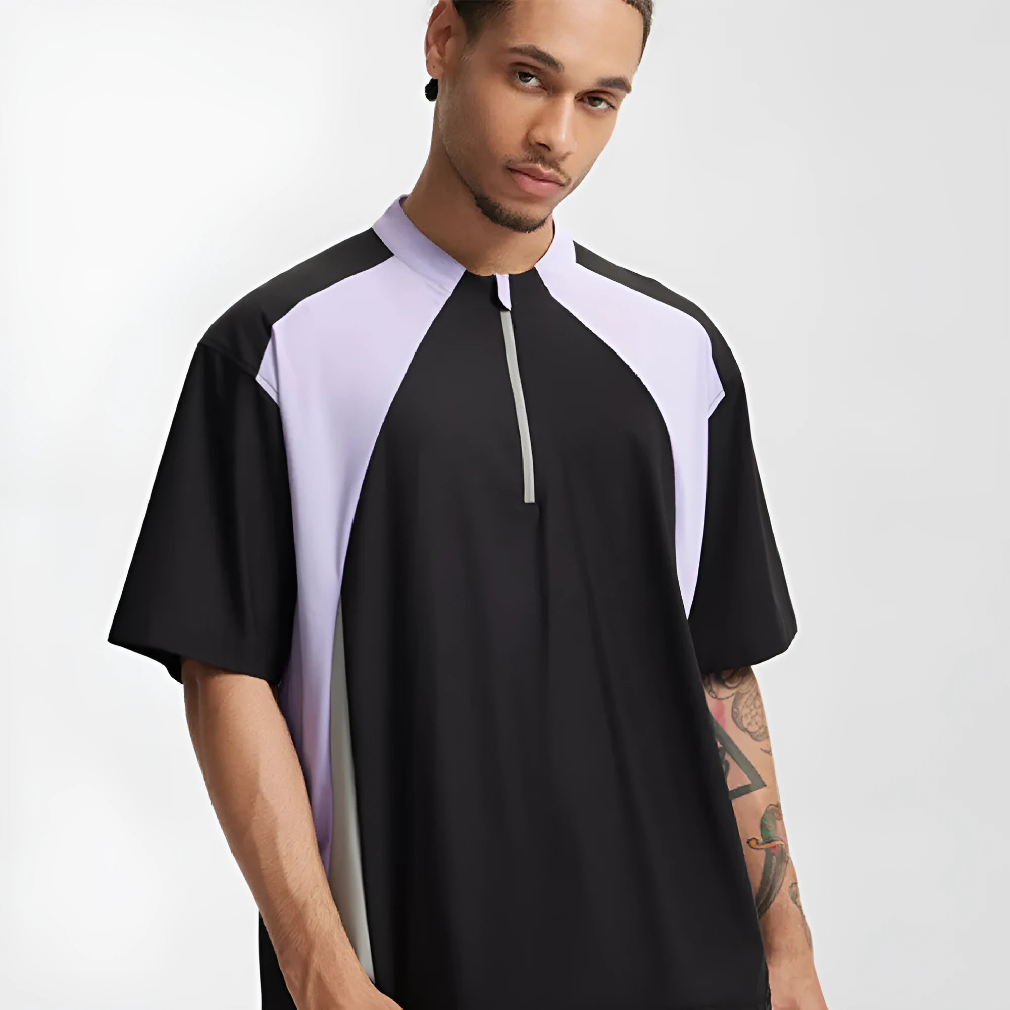 Men's lightweight polyester top in solid colour with stitching detail, available in black or beige