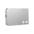 Silver metal external solid state drive with USB 3.0 cable on a desk.