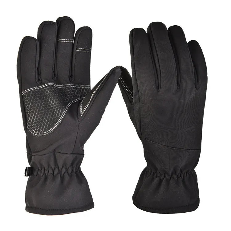 Army Green tactical ski glove with touch screen fingertips on a snowy background.