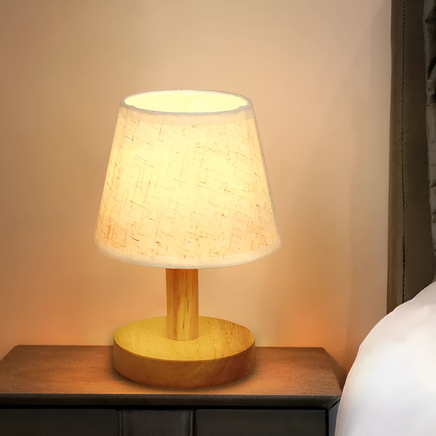 Korean vintage pleated table lamp with jute and linen shade on bamboo base, showing USB port.