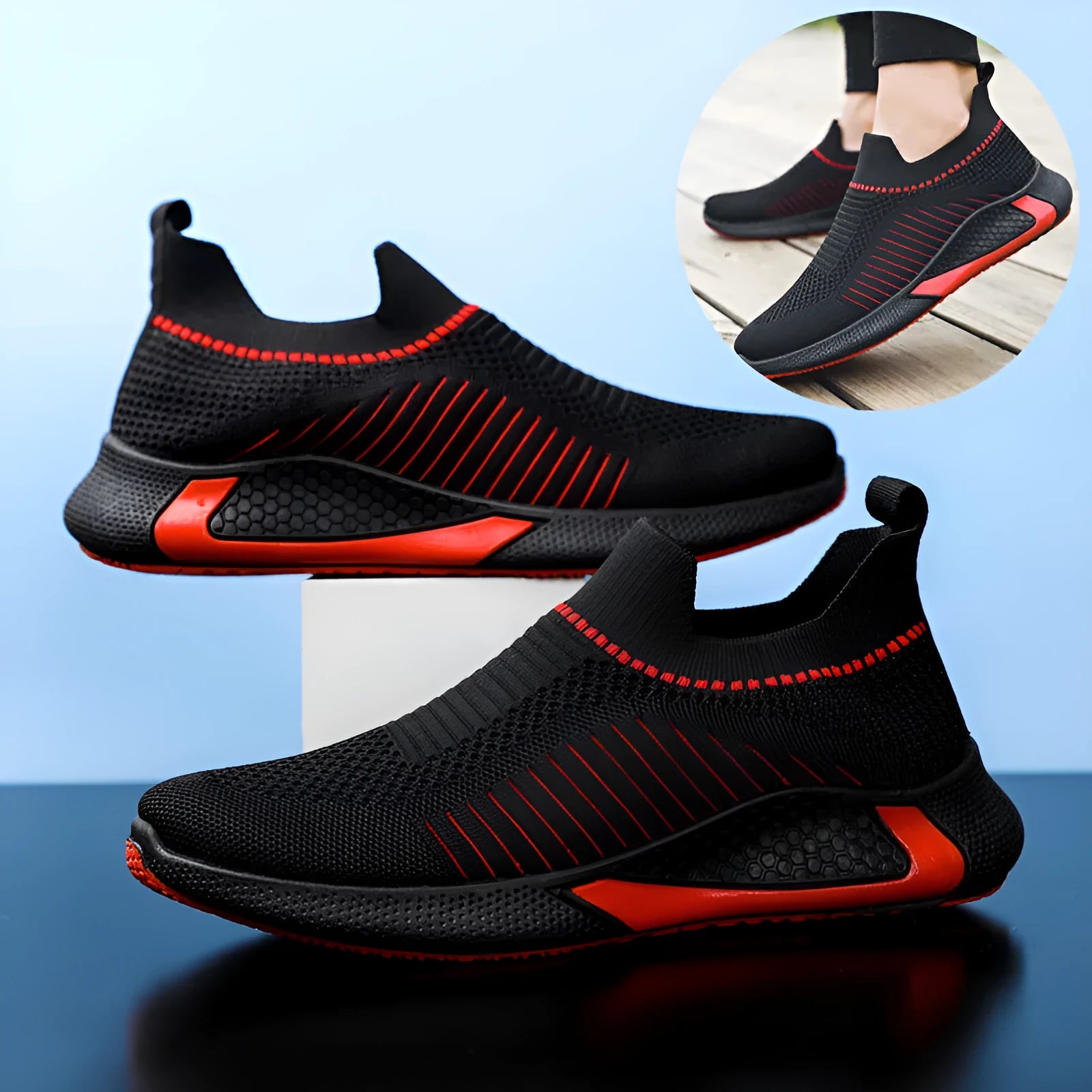 Men's mesh sock shoes with striped design and flyknit upper in black, white colour options