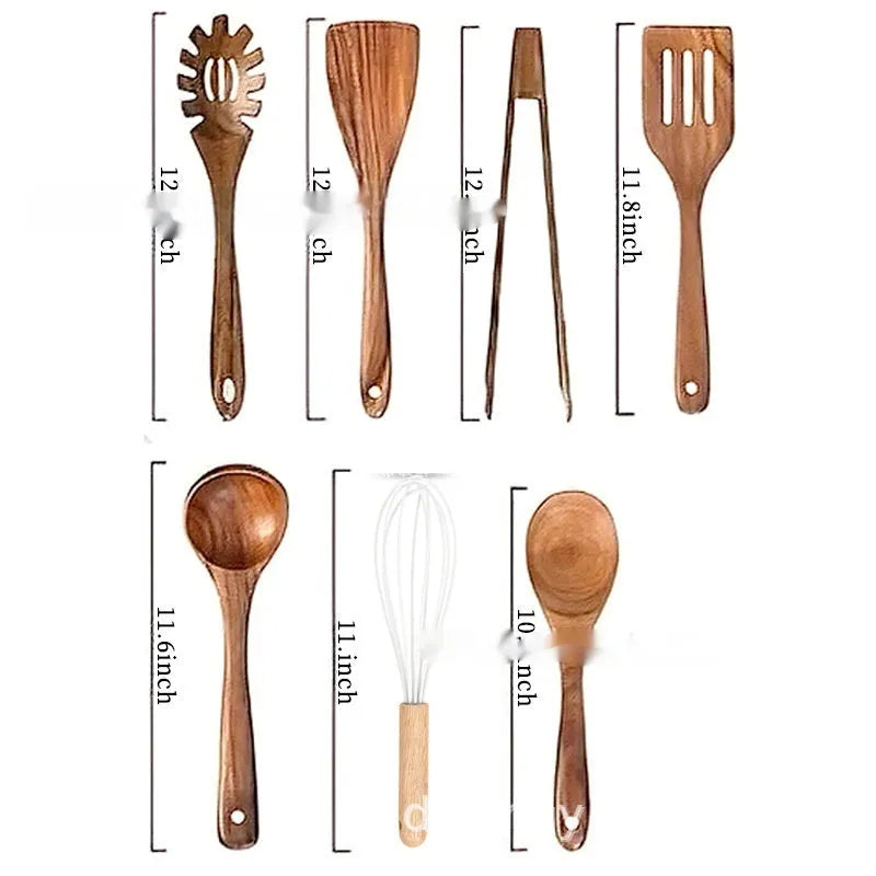 Seven-piece wooden kitchen utensil set containing a large spoon, spatula, and soup ladle.
