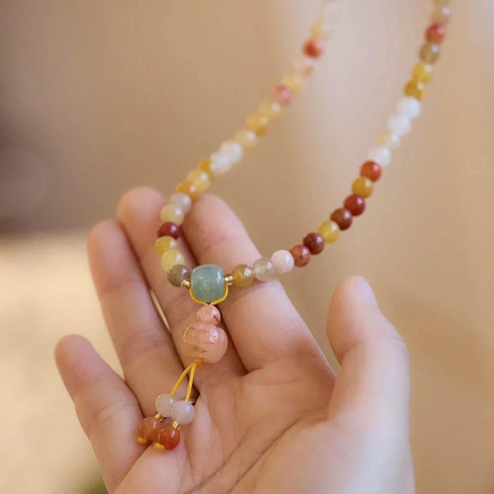 Women's handmade three-circle pumpkin tassel bracelet in green Jinsi Jade, 6mm beads, national style