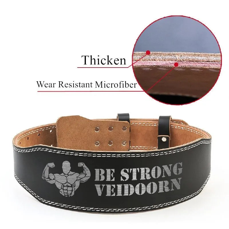Black narrow PU leather weightlifting belt with punching hole adjustments on a white background