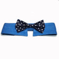 Blue denim dog collar with a star-pattern bow tie, shown with a fastener tape closure.