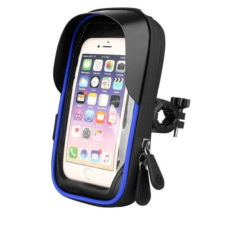 Black TPU mobile phone stand mounted on a bicycle handlebar, showing phone in use.