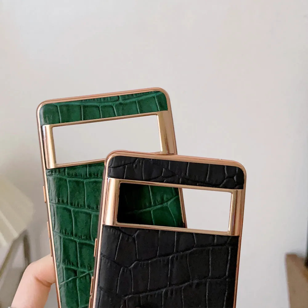Genuine leather phone case for Google Pixel 6-7 Pro in black colour with electroplating finish