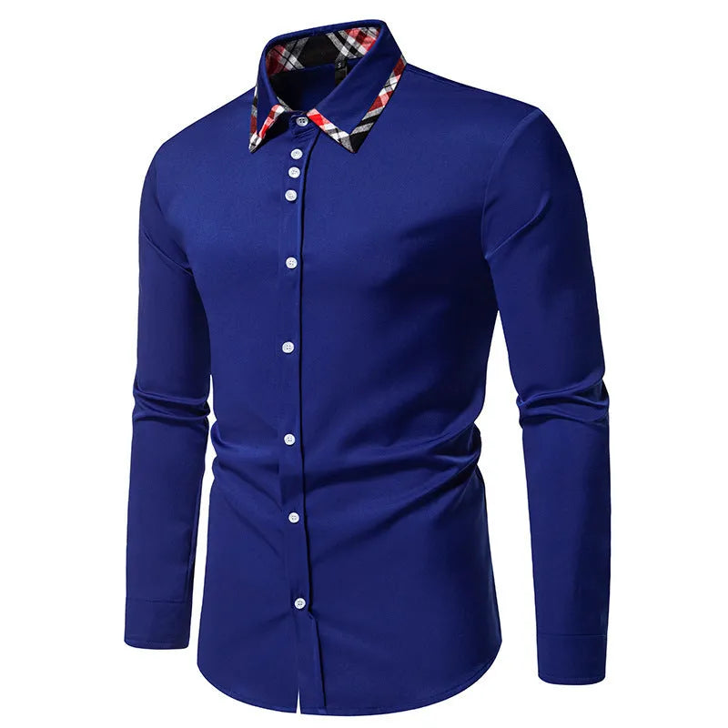Men's polyester blend plaid shirt with triangle collar in black, blue or white colour options