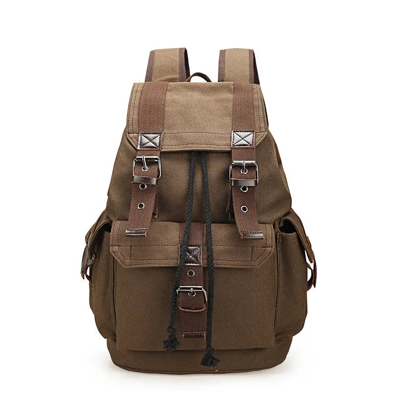 Large capacity canvas bucket backpack for men, khaki colour, with drawstring closure and retro vertical square shape