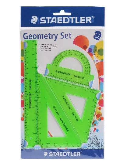 Four-piece plastic student ruler set with 15cm ruler, triangles and protractor in transparent and neon colours