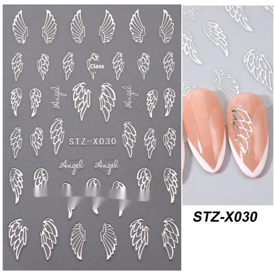 Pack of black and silver striped nail art stickers with cartoon and love pattern designs.