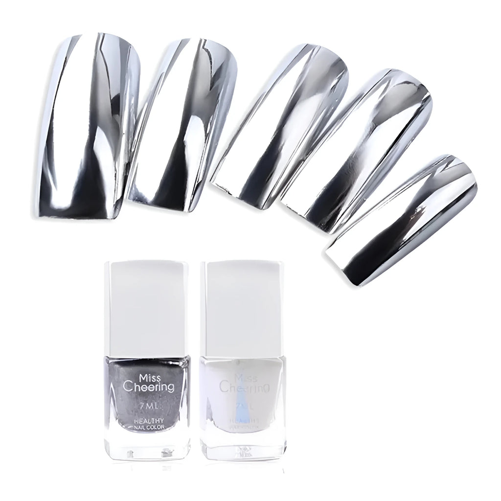 Mirror Nail Polish 12ml bottle with chrome metallic finish and brush tip