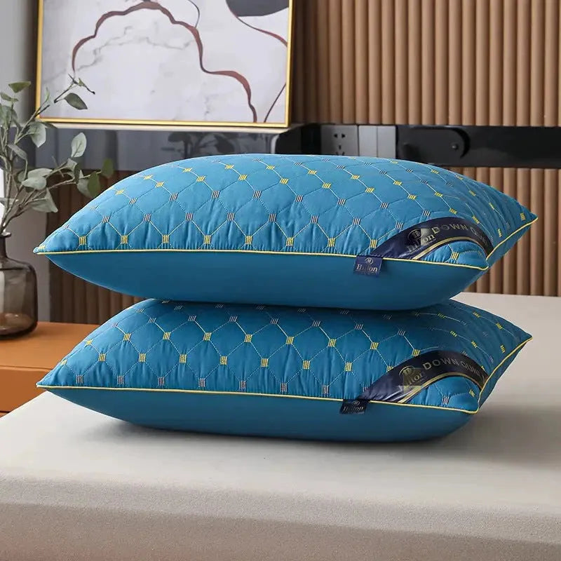 Polyester pillow core in blue, grey, or white, showing size options 48x74cm and 42x70cm with varying fill weights.