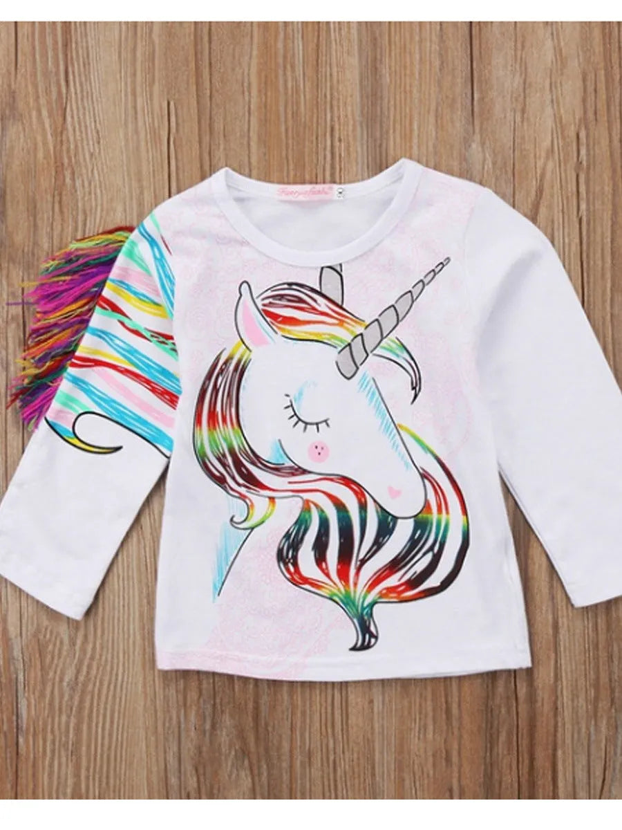 White children's cotton T-shirt with stereo horse hair print and abstract animal cartoon pattern, long sleeve round neck style for boys and girls