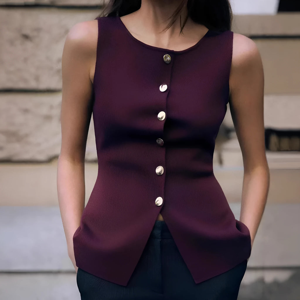 Women's dark red slim-fit sleeveless sweater vest with gold buttons and a 3D pattern on the fabric.