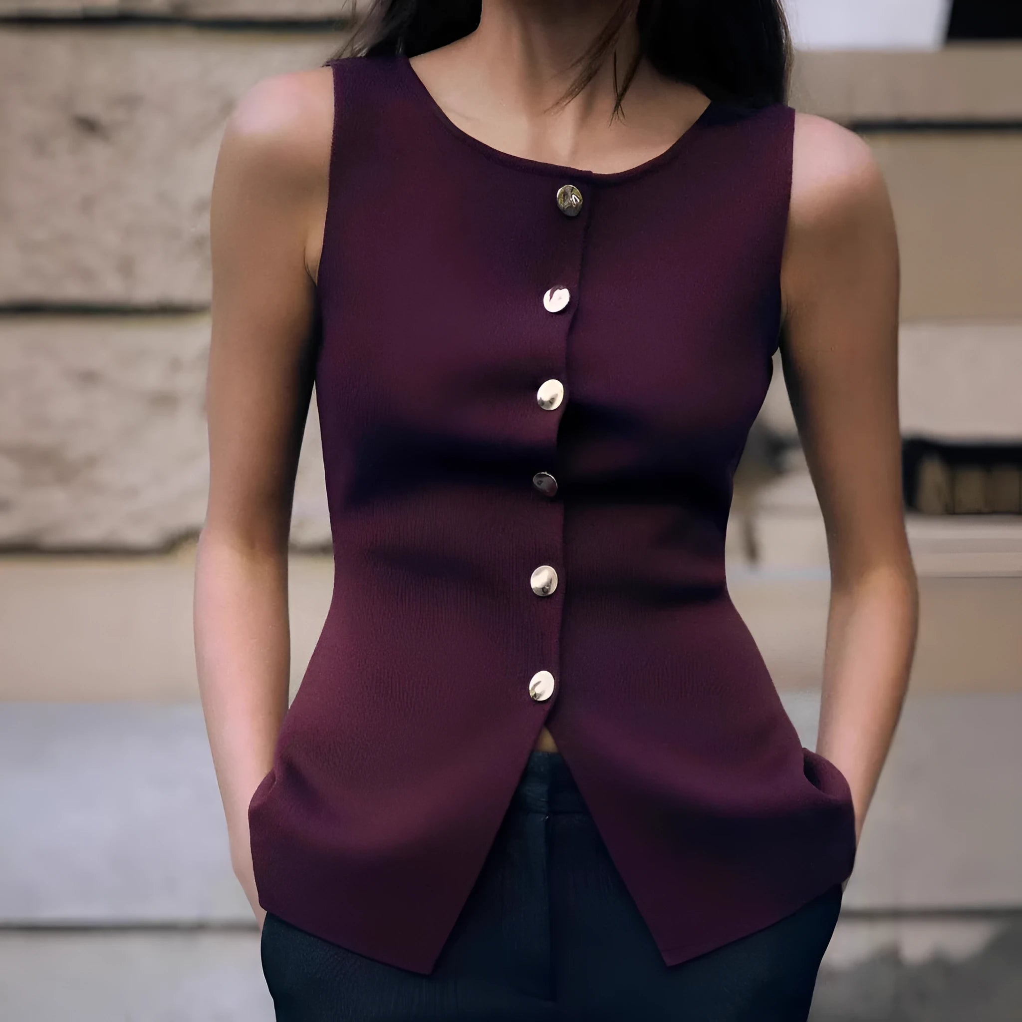 Women's dark red slim-fit sleeveless sweater vest with gold buttons and a 3D pattern on the fabric.