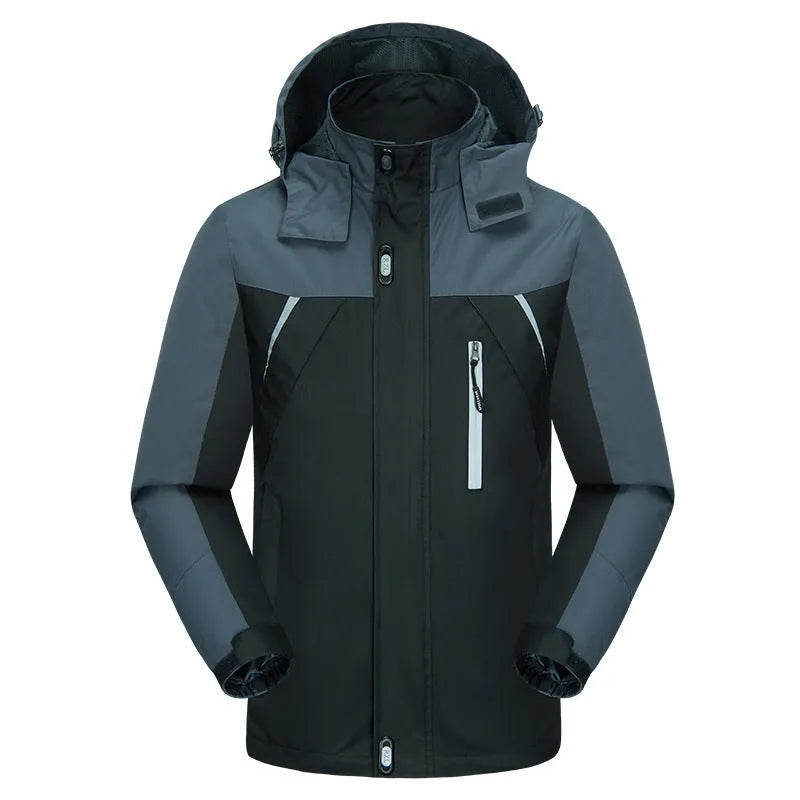 Men's waterproof breathable wear-resistant jacket in black, full-zip front with fleece lining
