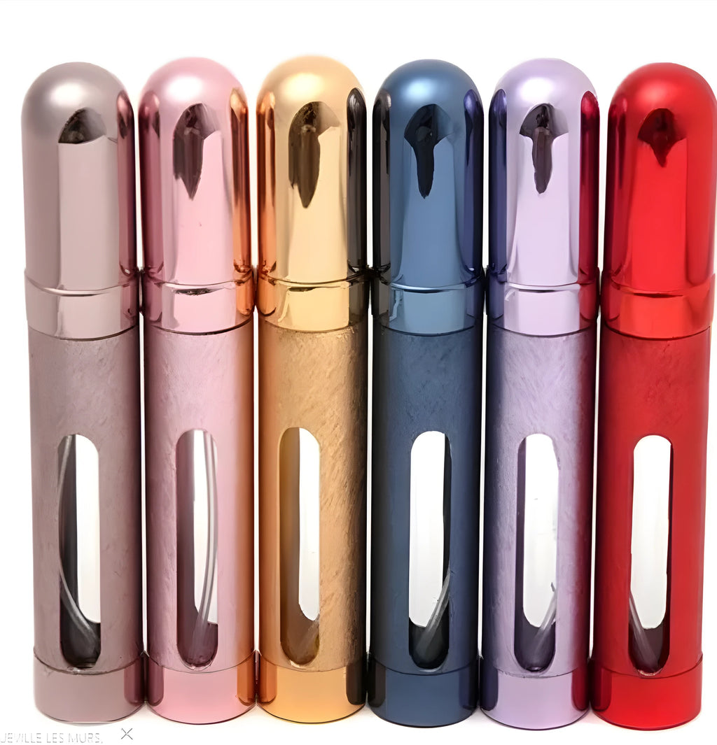 A slim, portable 12ml aluminium perfume bottle with a glass liner in choice of colours including blue, golden, pink, red, silvery, and violet.