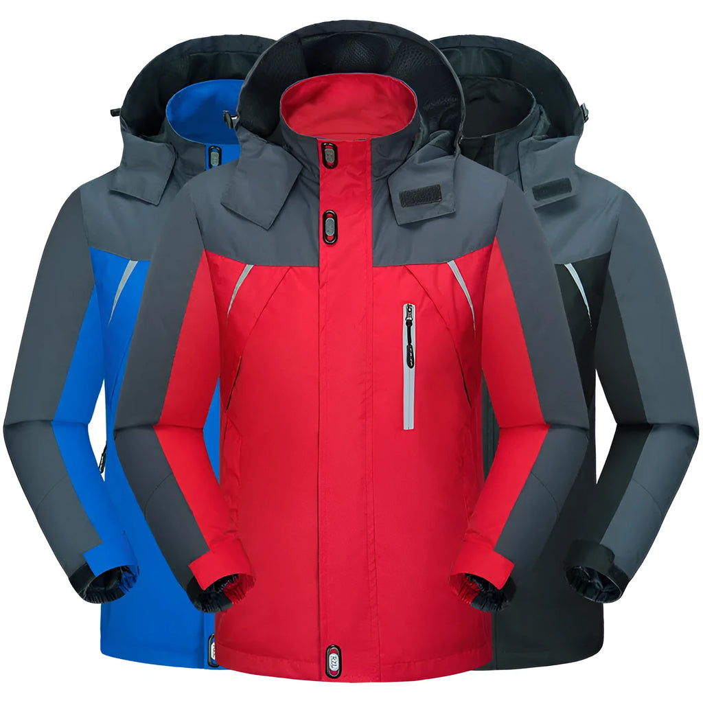 Men's waterproof breathable wear-resistant jacket in black, full-zip front with fleece lining