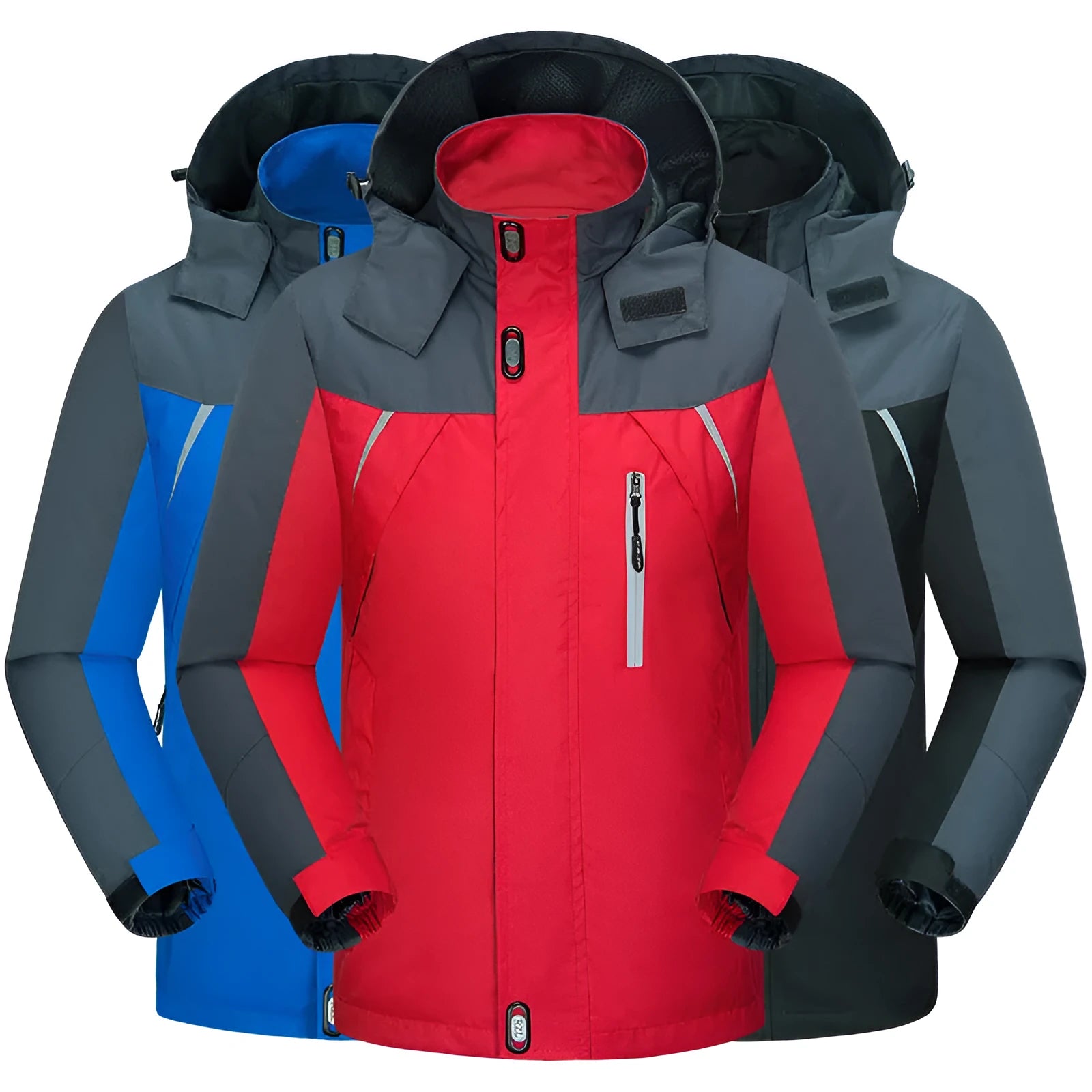 Men's waterproof breathable wear-resistant jacket in black, full-zip front with fleece lining
