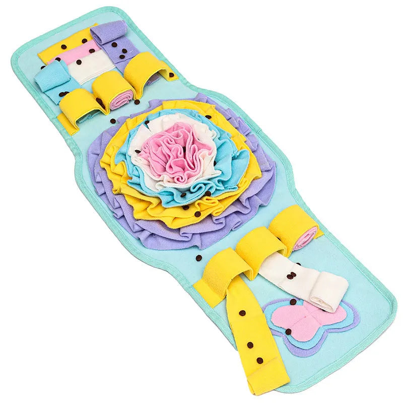 Blue pet sniff mat watch-style dog training pad with anti-slip rubber base and fleece strips for treat hiding
