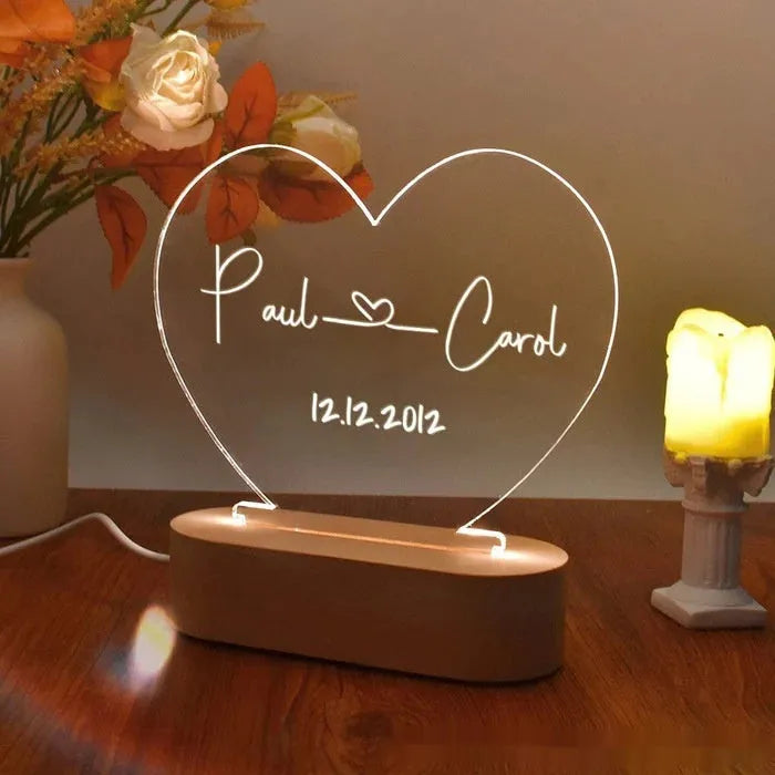 Custom acrylic LED night light personalised with names and date for Valentine's Day gift