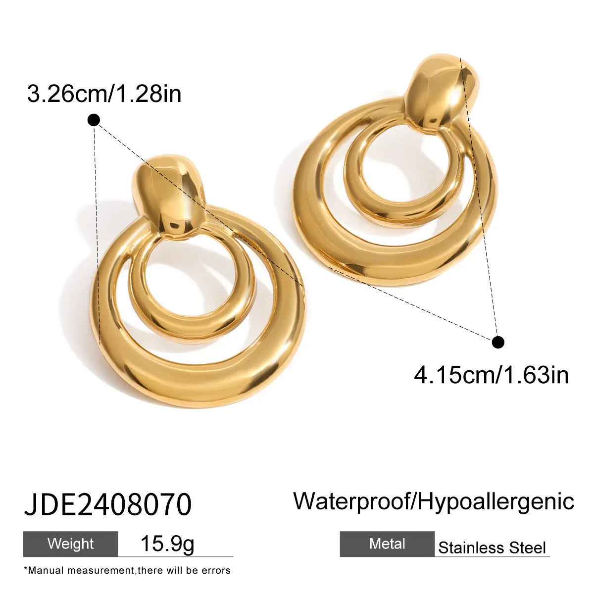 Close-up of a pair of round, geometric, double-layer hollow stud earrings with a golden electroplated finish.