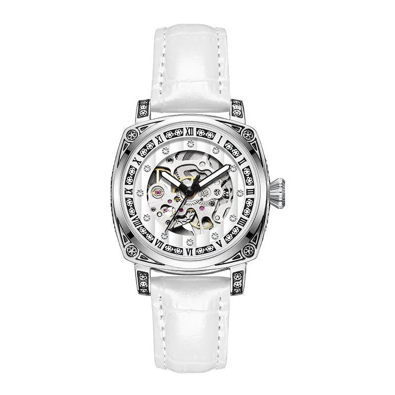 Men's analogue mechanical watch with luminous hands on a leather strap, shown in multiple colour options.