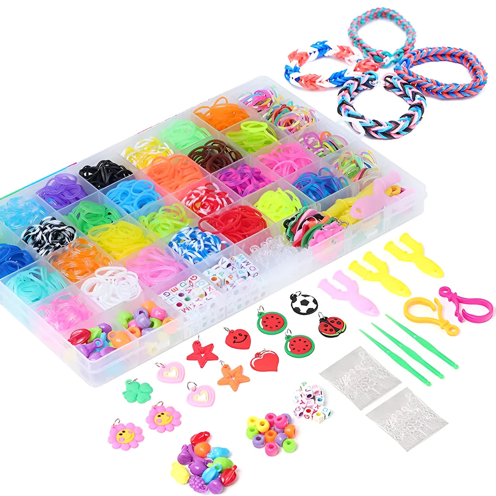 Rainbow rubber band hand-woven DIY bracelet kit in a box with 40 grid colour cells and TPR bands