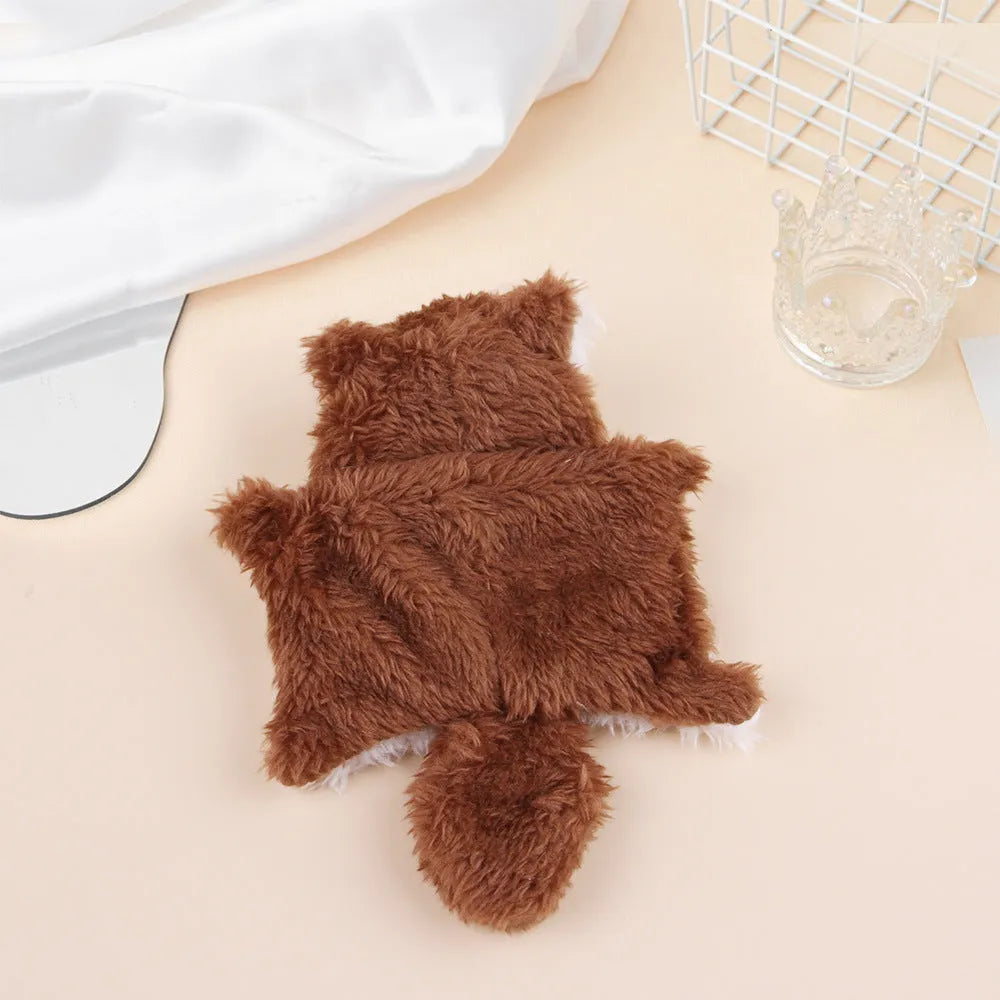 Plush flying squirrel cat teaser toy in brown with ringing paper sound feature