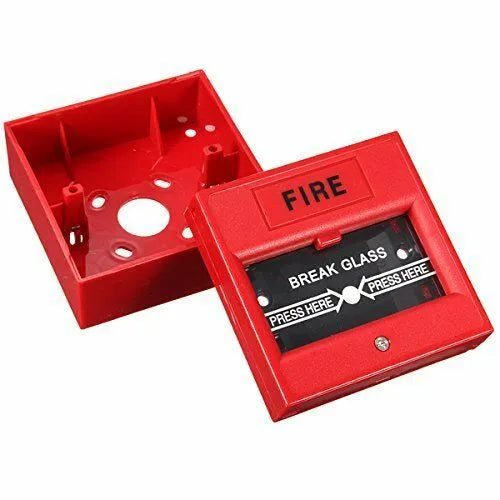 Red wired break glass emergency fire alarm button on white background
