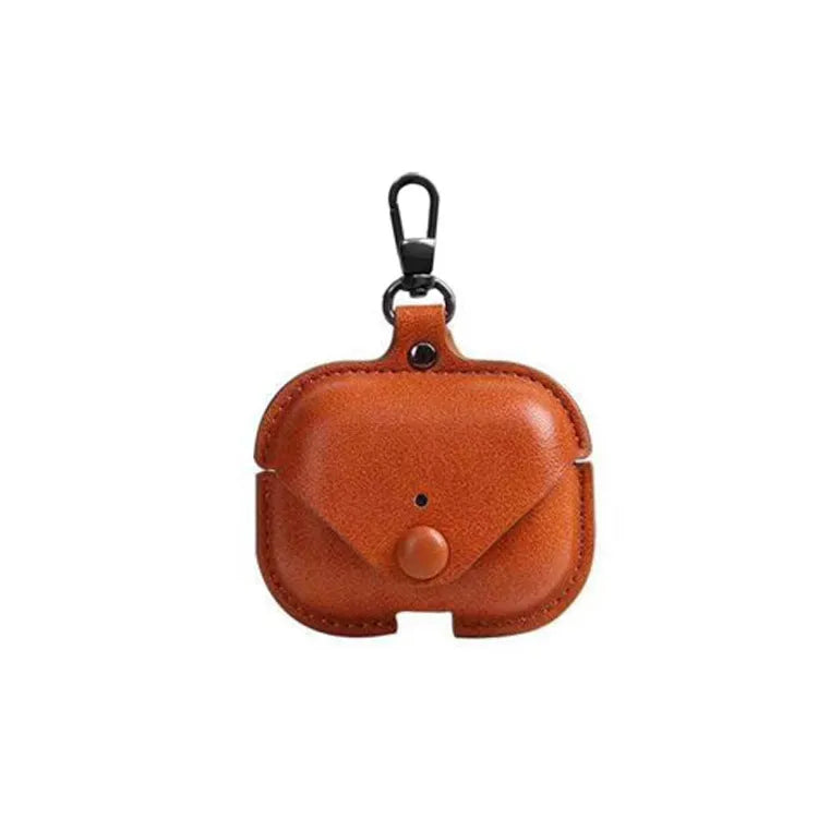 AirPods Pro protective leather sleeve in a cross-pattern PU material, showing car-line stitching detail.