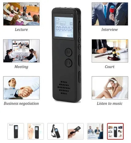 Black matte MP3 digital voice recorder showing screen and buttons, measuring 88mm long.