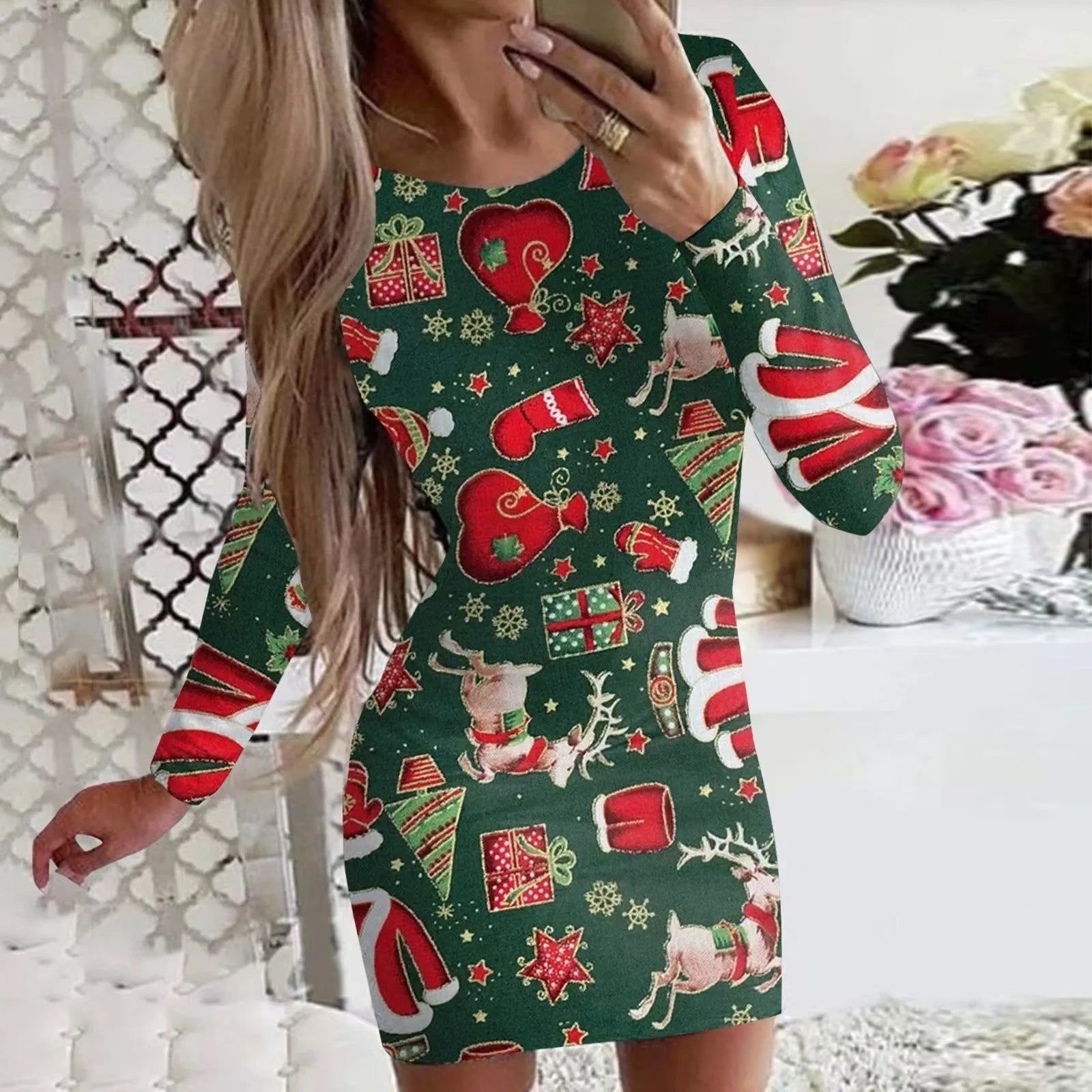 Women's red Christmas print narrow dress with animal pattern, round neck, long sleeves
