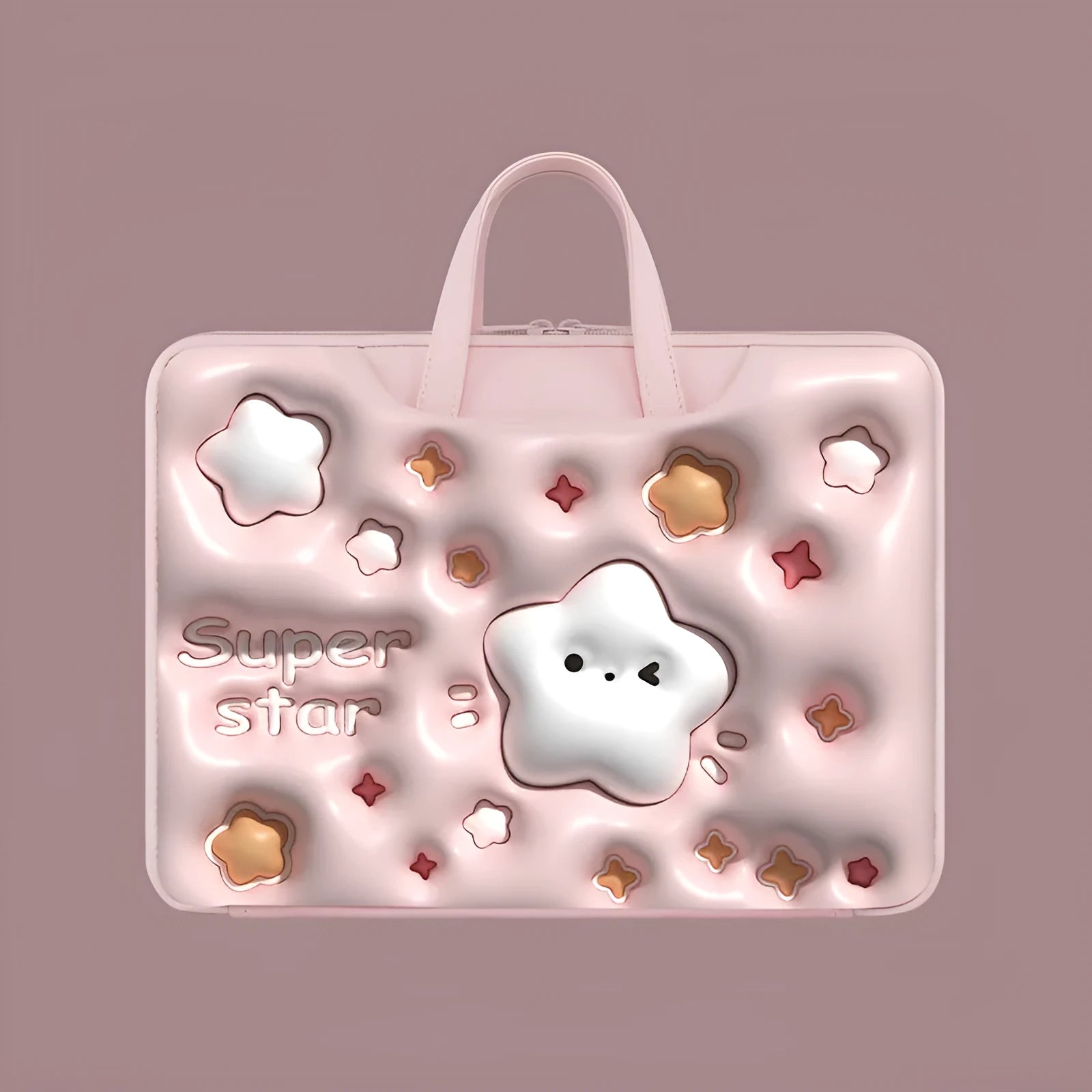Inflatable grey laptop bag with a cute panda design, showing the inflation valve and back strap for attaching to suitcase handle.