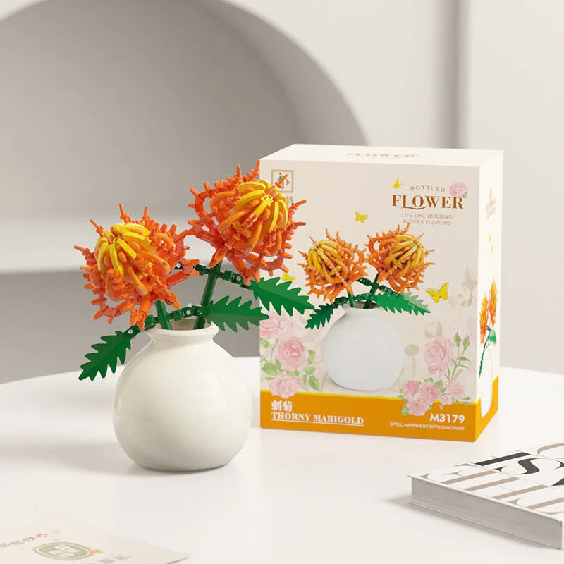 Assembled plastic building block flower in vase on tabletop