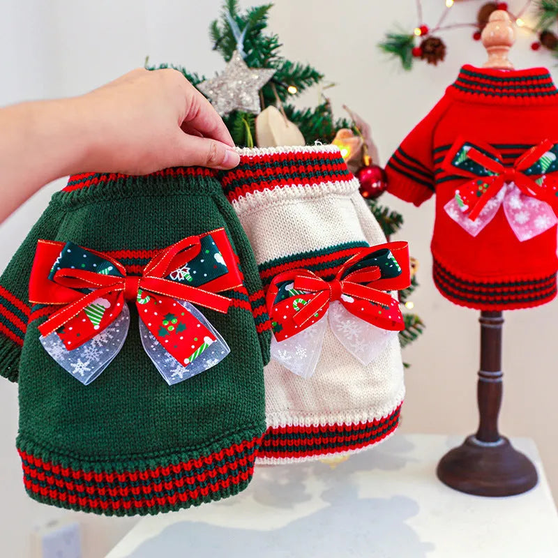 Red or green Christmas-themed polyester sweater for small dogs or cats on a festive background