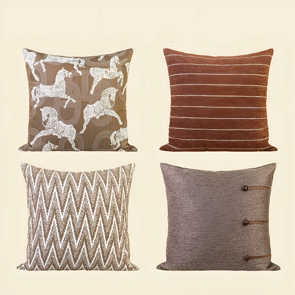 Chinese ancient style square sofa cushion in brown Maillard colour patterns on a 45cm pillow.
