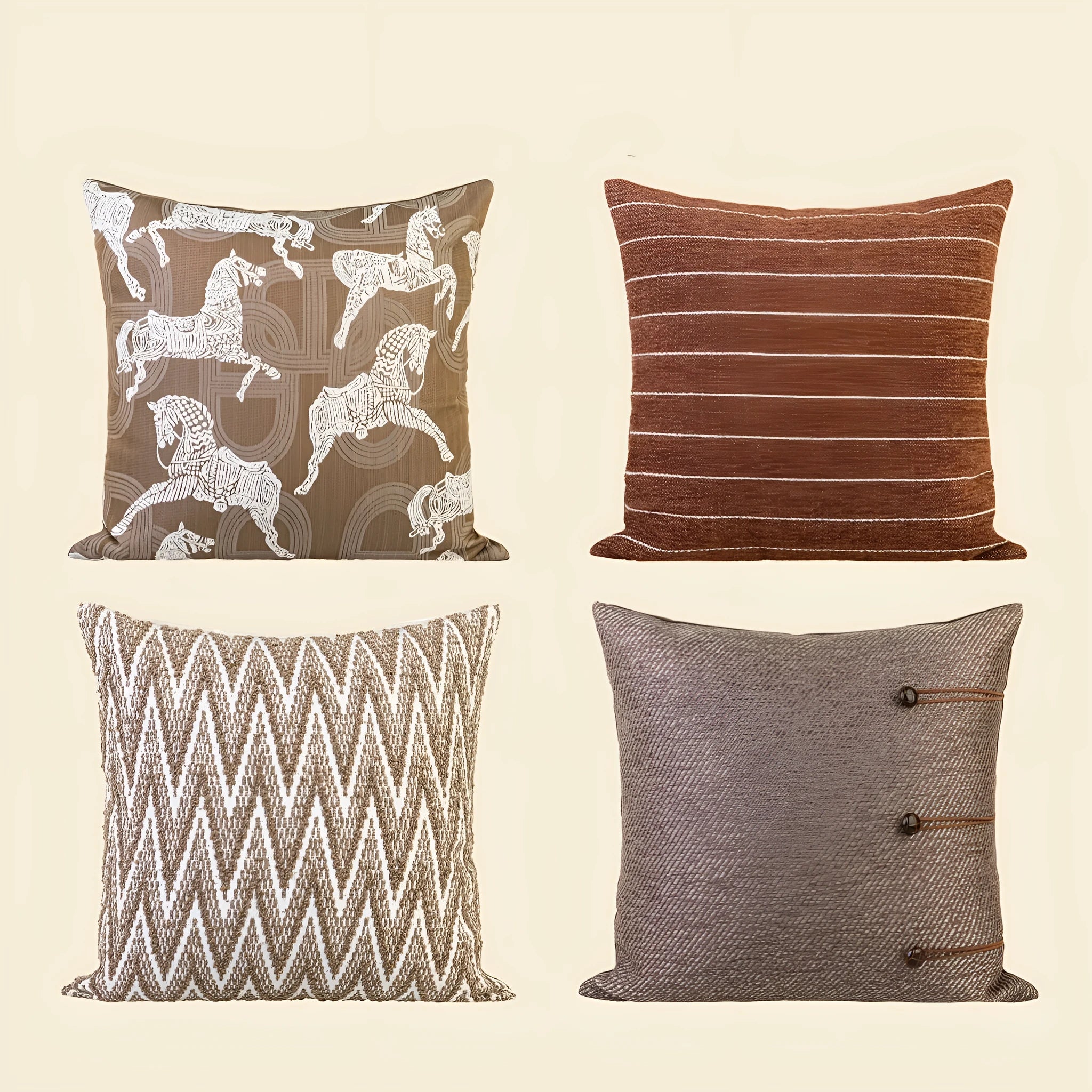 Chinese ancient style square sofa cushion in brown Maillard colour patterns on a 45cm pillow.