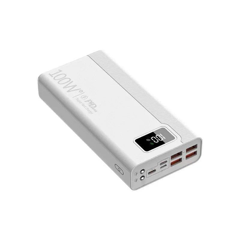 Black and white plastic power bank showing dimensions of 150 by 76 millimetres