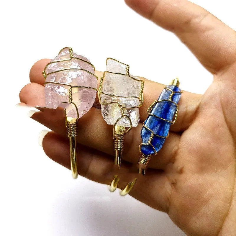 Natural rough crystal bracelet with gold wire winding in geometric bohemian design