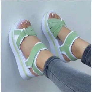 Women's bandage design platform sandals with one-line strap in light blue, PU upper, round toe, size 36-43