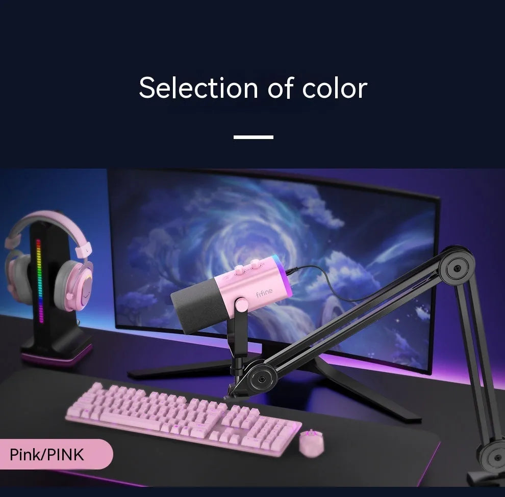 Dynamic noise reduction microphone in black, pink, or white with XLR cable, data cable, and desk base